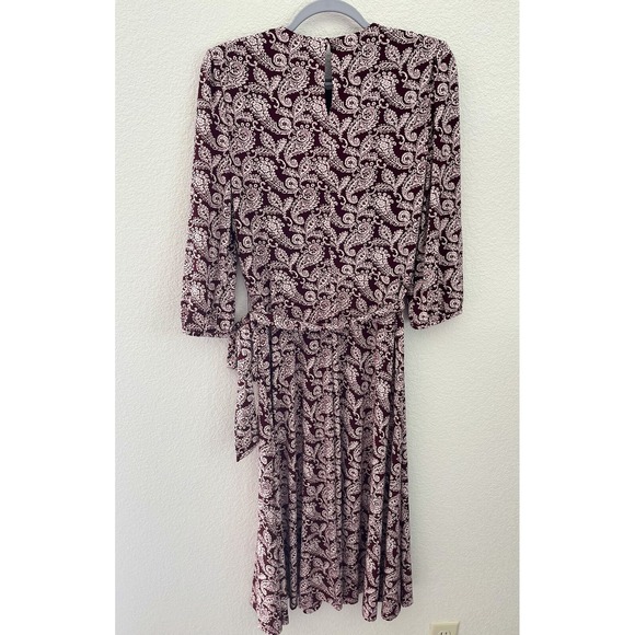 Lauren Ralph Lauren Paisley Belted Midi Dress 12 Maroon Stretch 3/4 Sleeve - Picture 2 of 6